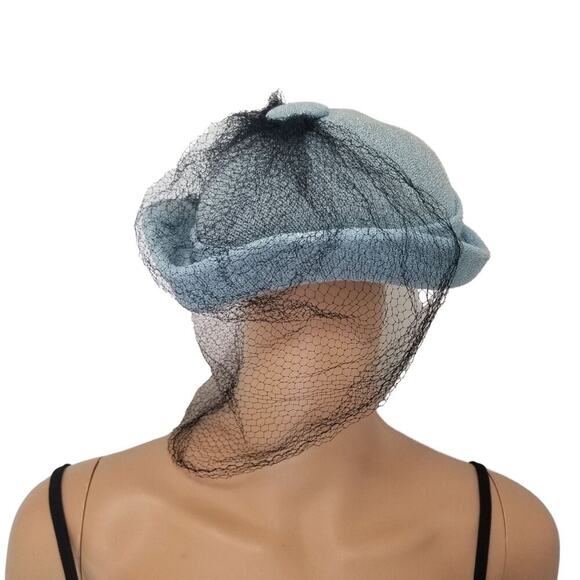 1940s Pointed Blue Hat with Long Black Veil Turned Up Brim Size 7 1/2 VINTAGE - Picture 2 of 6